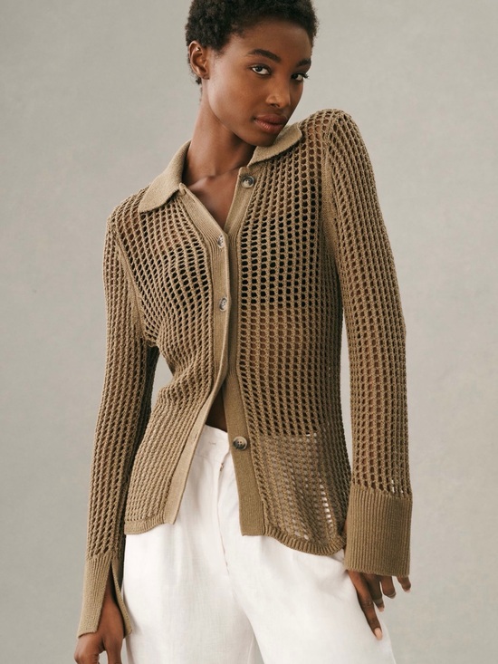 dh NEW YORK Sweaters - Anthropology DH New York Knit Open-Weave Button-Front Cardigan Sweater - Olive
